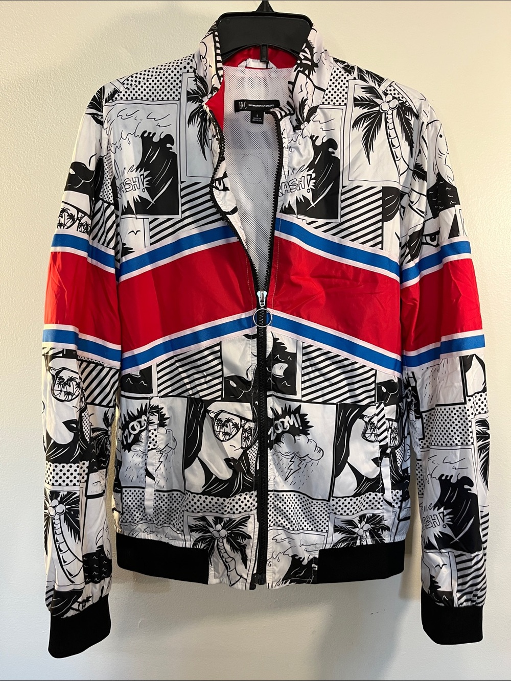 INC International Concepts Black, White, Red & Blue Comic-Print Bomber Jacket